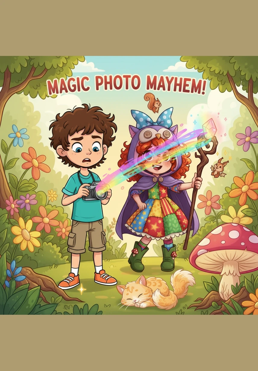 Leo tries to take a photo of a bright yellow butterfly landing on a flower, but the camera shutter refuses to click. He looks puzzled, realizing the camera does not want to capture the present moment; it only looks for things that are finished.