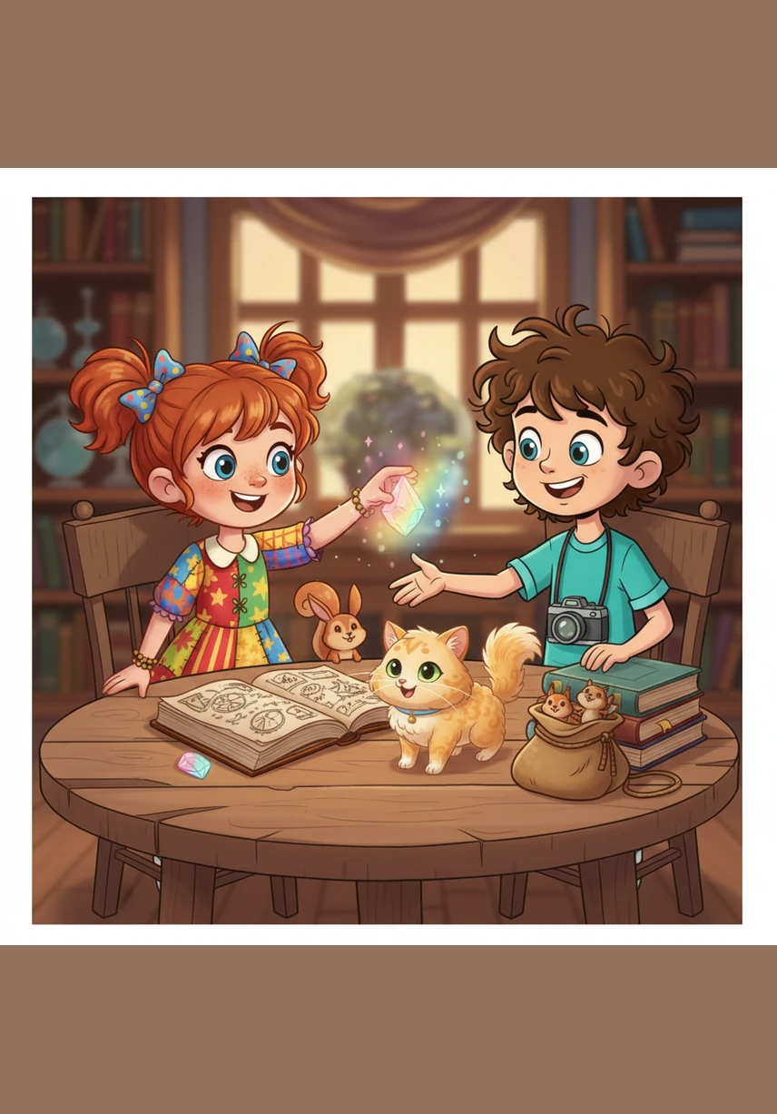 His little sister finishes a colorful drawing of a sun and puts down her crayon on the wooden table. Leo points the camera and shouts, 'You draw a sun!' but the device remains silent and still.