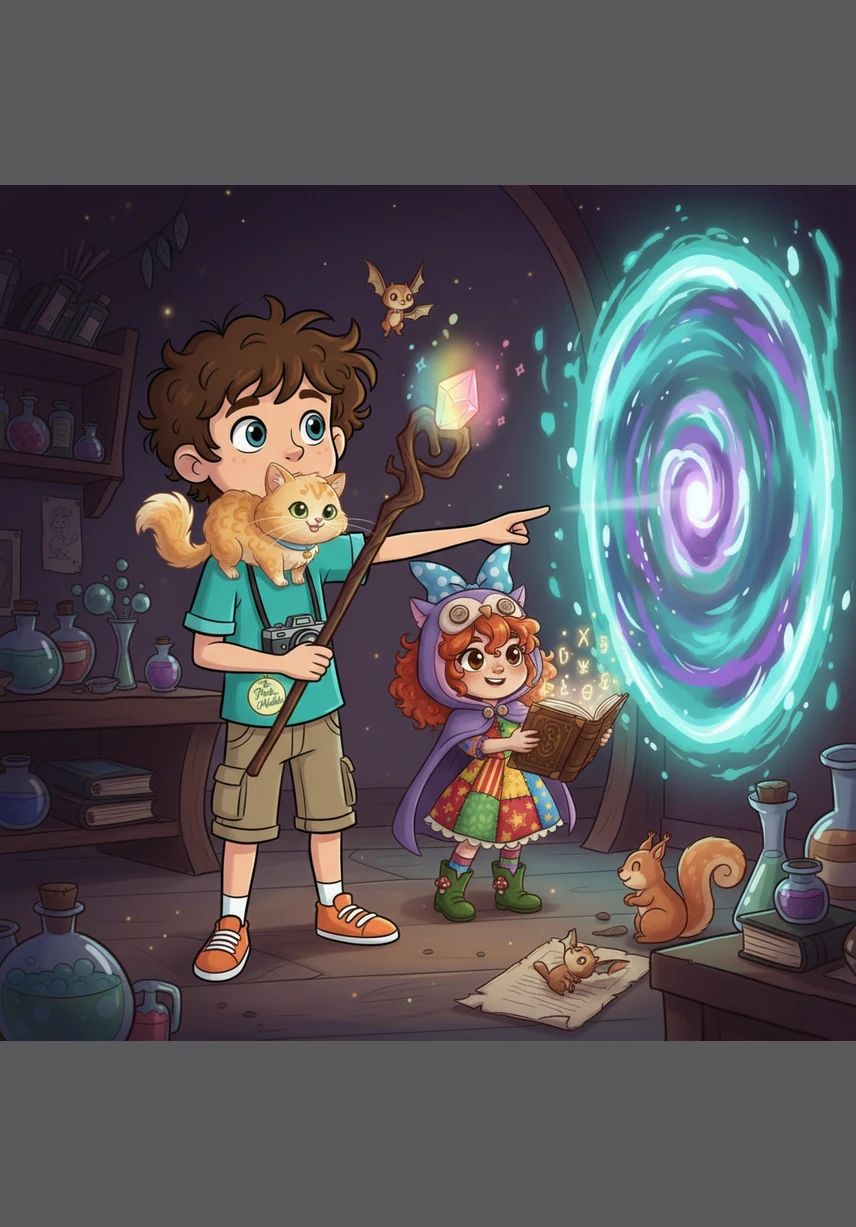 He remembers his teacher’s lesson about adding '-ed' to actions that are already finished. He tries again, saying, 'You painted a sun!' and a brilliant flash of light fills the room as a photo slides out of the camera.