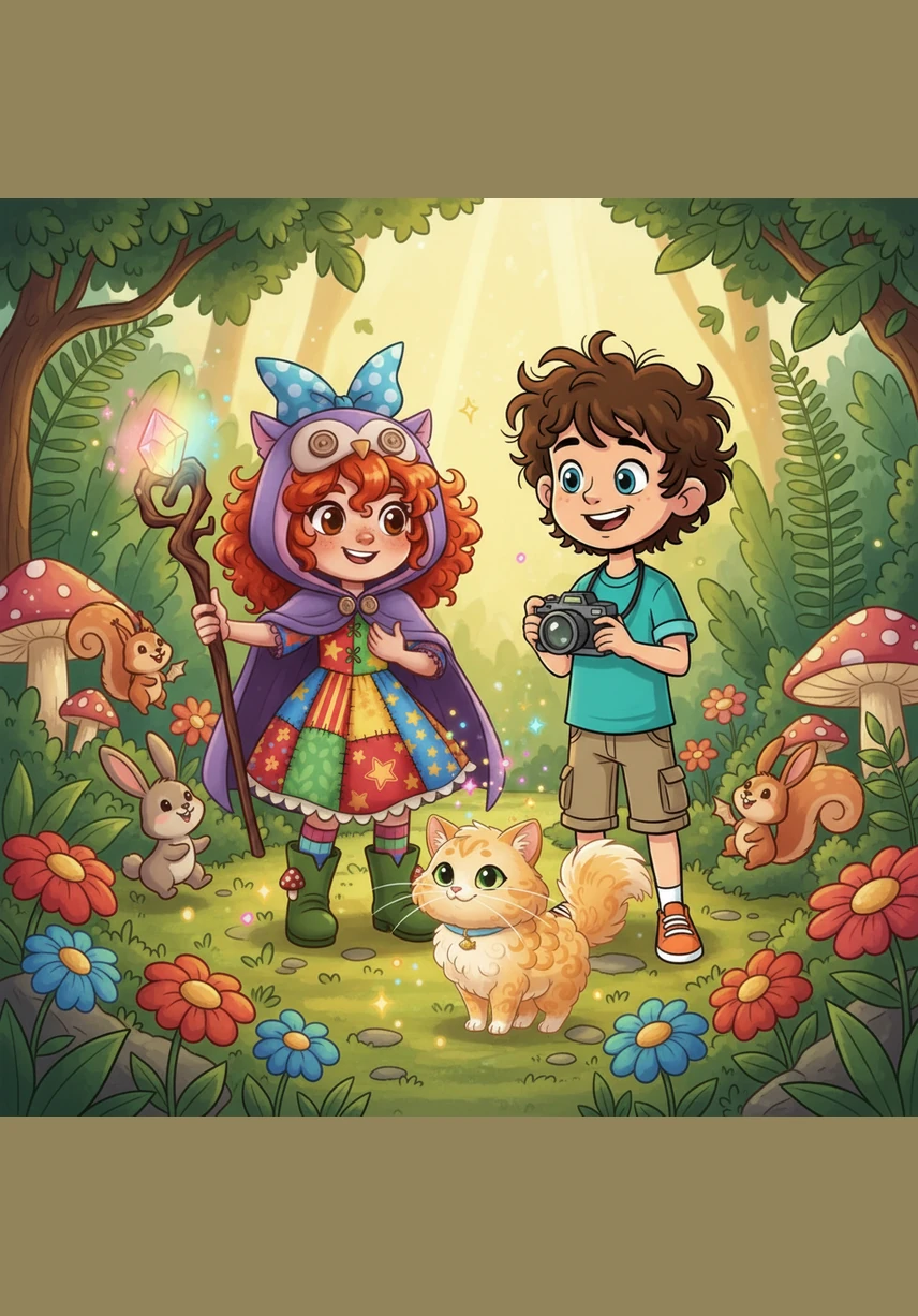 Leo steps into the garden and skips all the way to a large, ancient oak tree. He looks at the camera and whispers, 'I skipped to the tree,' and the camera clicks happily, capturing his joyful journey.