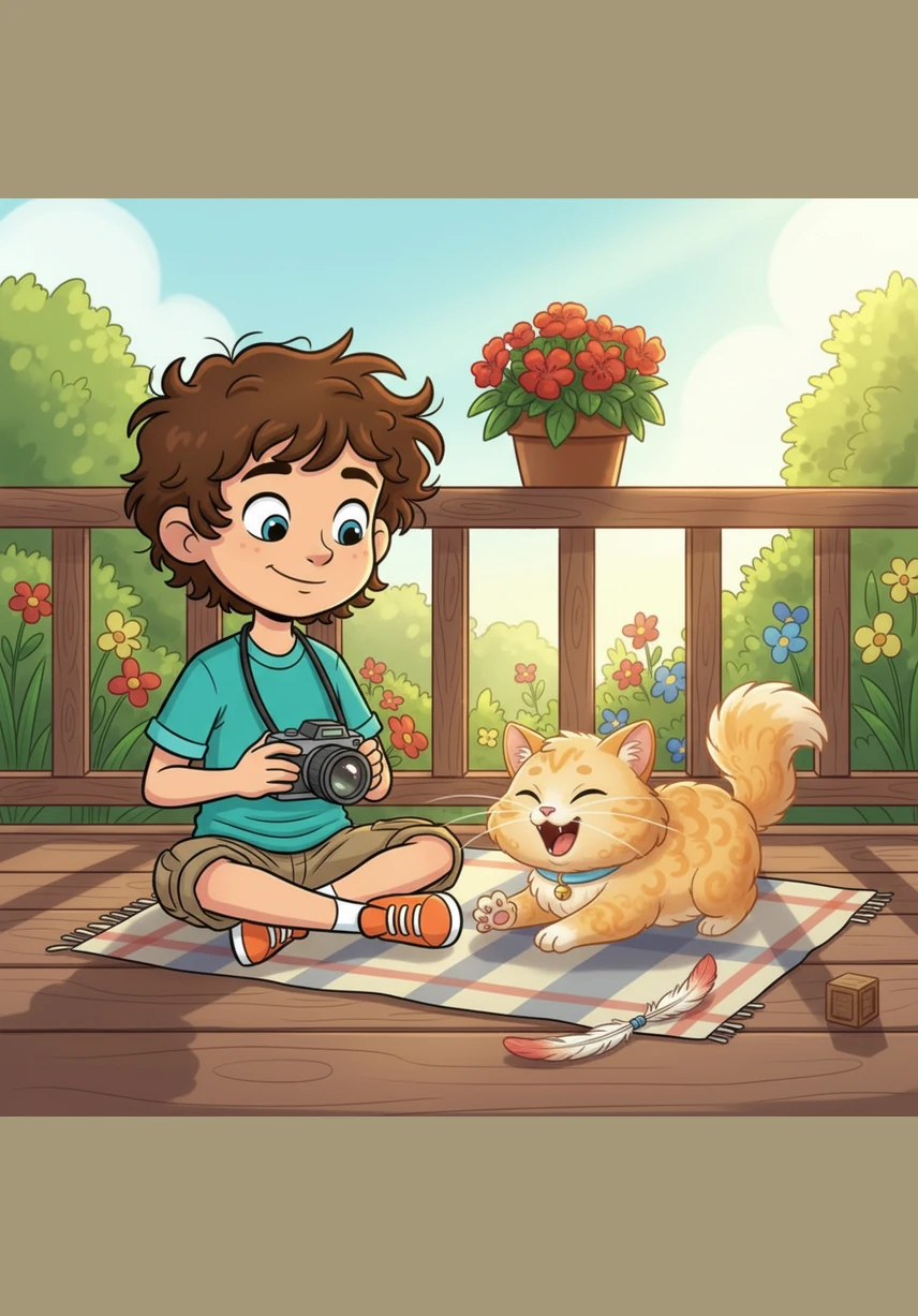 He watches his fluffy cat, Whiskers, finish a long nap and stretch her paws on the porch. 'Whiskers rested well,' Leo says, and another perfect photo of the sleepy cat pops out of the magic device.