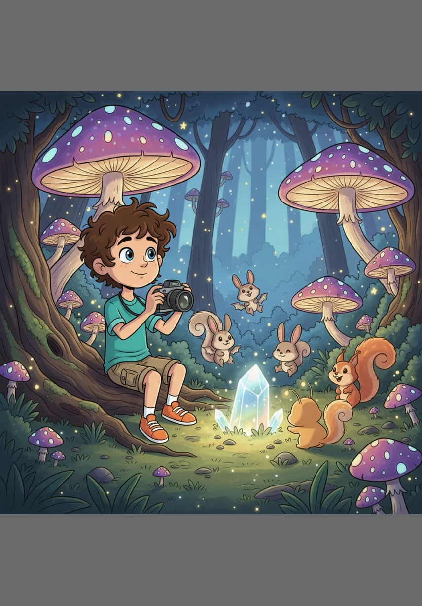 As the sun sets, Leo sits on his bed with a large scrapbook titled 'My Past Adventures.' He carefully glues in his photos, each one representing a beautiful memory that has already happened.