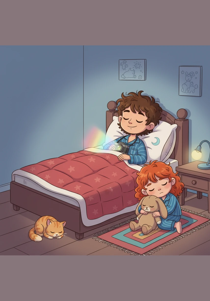 Leo tucks the magic camera under his pillow, feeling proud of his new way of telling stories. He falls asleep dreaming of all the wonderful adventures he will have tomorrow, just so he can talk about them in the past later.