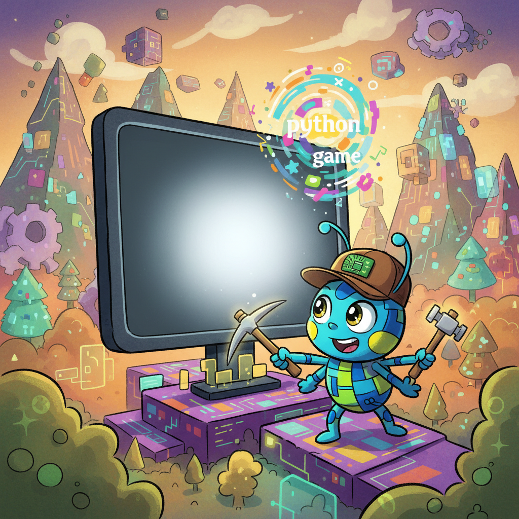 Pixel, a tiny, bright-eyed bug with a coding cap, lived in a vibrant world made of code. One day, she stumbled upon a blank screen, a challenge presented before her. She decided, with a determined glint in her eyes, to create the best game ever using Python.