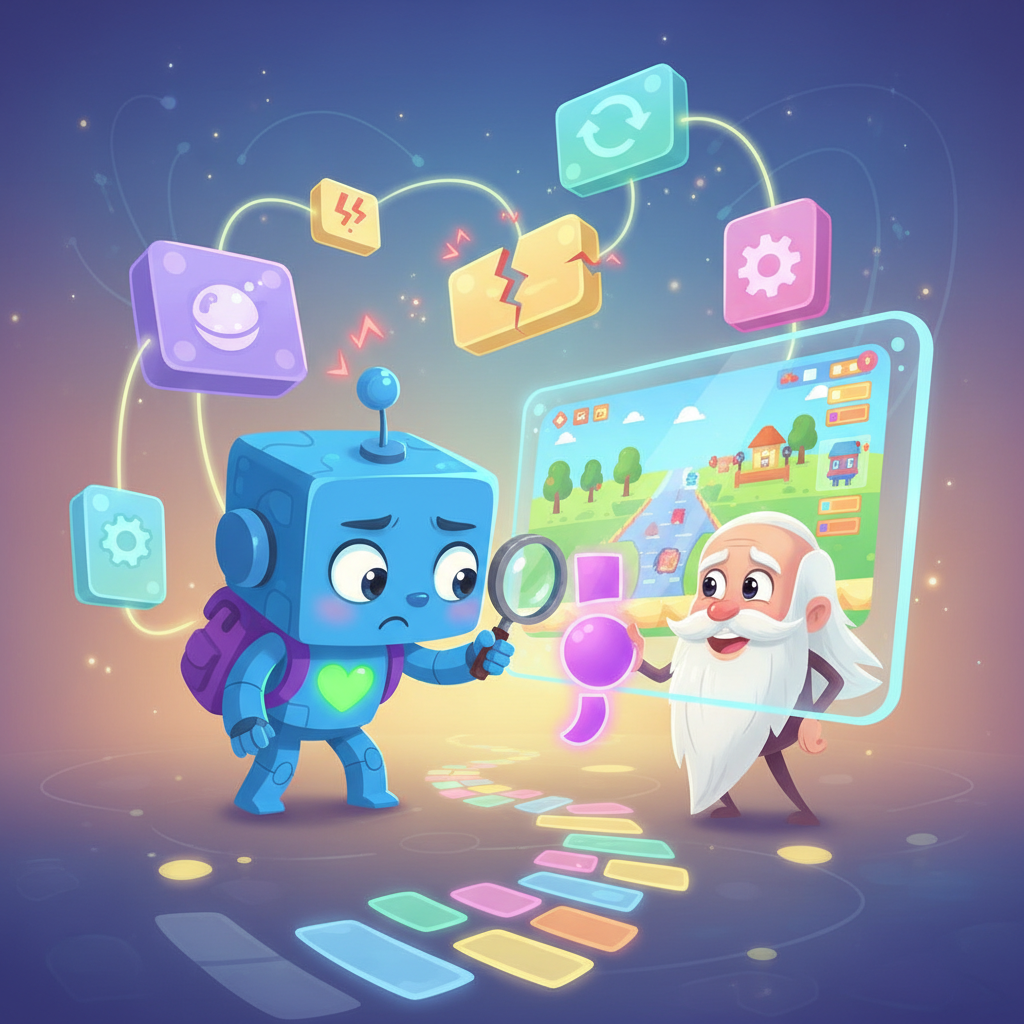 Pixel began her coding quest, facing complex puzzles and errors. She learned about variables, loops, and functions, always consulting her wise mentor, a friendly old semicolon. Pixel's coding world started to take shape, block by block, as she wrote the code for her game.