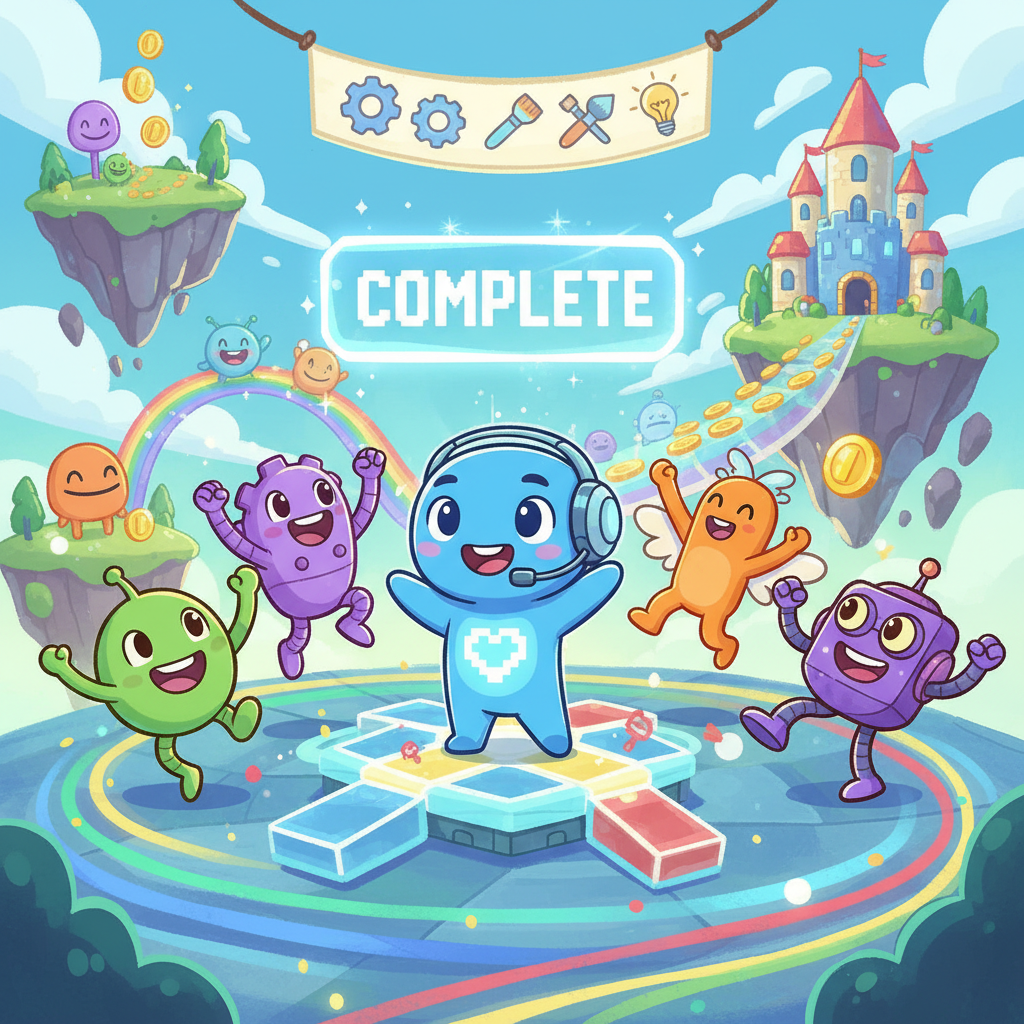 Finally, after many trials and revisions, Pixel's game was complete! It was a fun, interactive world filled with colorful characters and exciting challenges. Pixel, along with her new friends, rejoiced, knowing that with hard work and creativity, anything is possible.