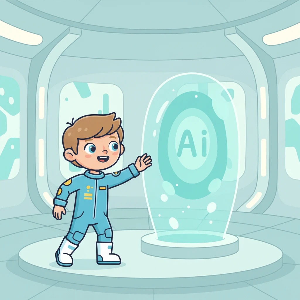 Eliot, un jeune garçon aux cheveux courts et au t-shirt bleu éclatant, les yeux pétillants de curiosité, entre dans une salle futuriste baignée de lumières bleu-turquoise. Devant lui flotte un hologramme AI doux et accueillant, qui semble l'inviter à interagir. Sa posture exprime l'enthousiasme, prêt à découvrir ce nouveau monde.