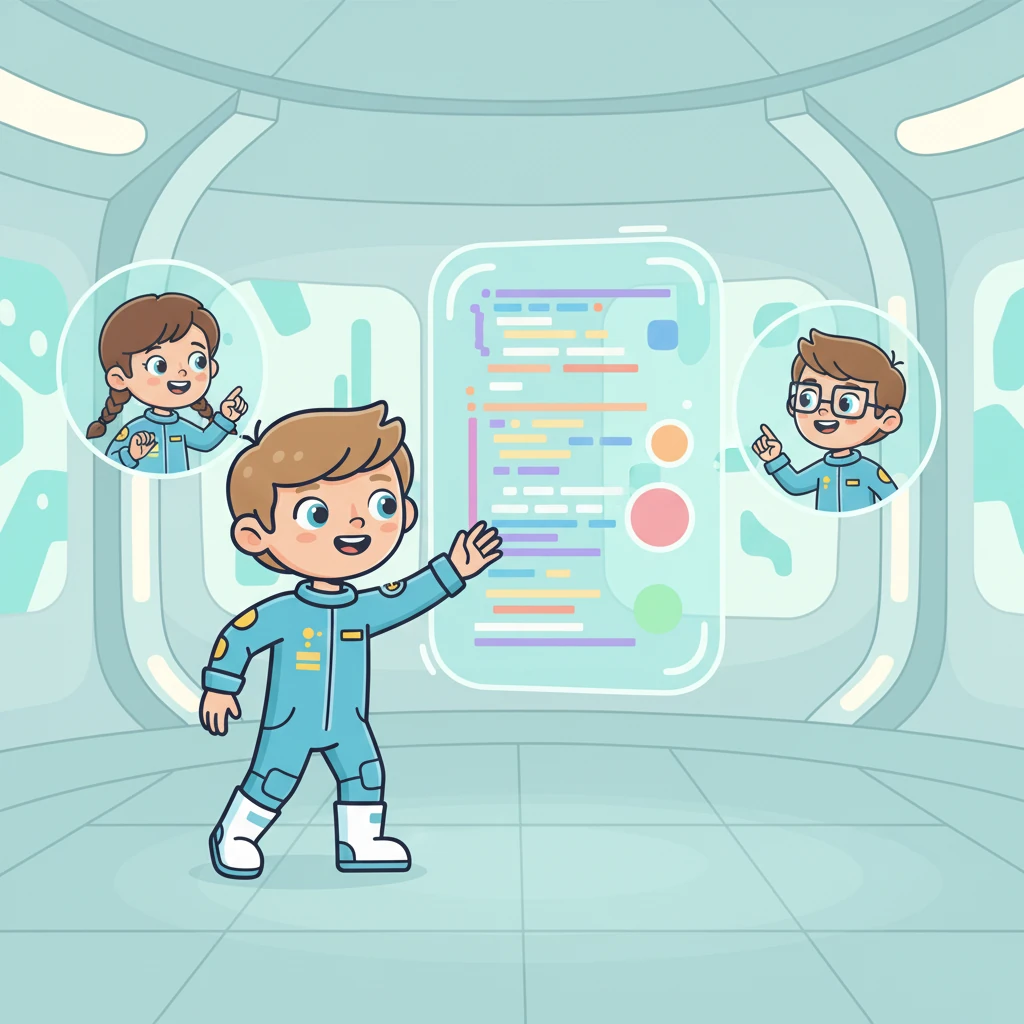 Eliot partage son écran avec deux amis, leurs visages projetés sur des interfaces holographiques flottantes. Ils discutent, échangent des idées et collaborent, leurs gestes animés. L'ambiance est joyeuse et productive, montrant l'efficacité du travail d'équipe.