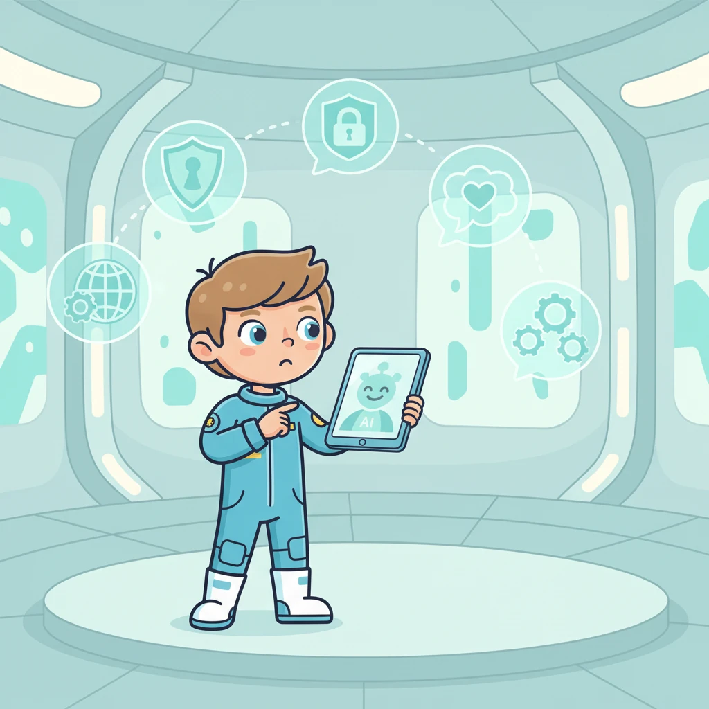 Guidé par l'hologramme AI, Eliot apprend les principes clés de la responsabilité numérique et du respect des données. Des icônes claires et des messages bienveillants l'entourent, renforçant l'importance d'une utilisation juste et sécurisée de la technologie. Il hoche la tête, absorbant ces précieuses leçons.