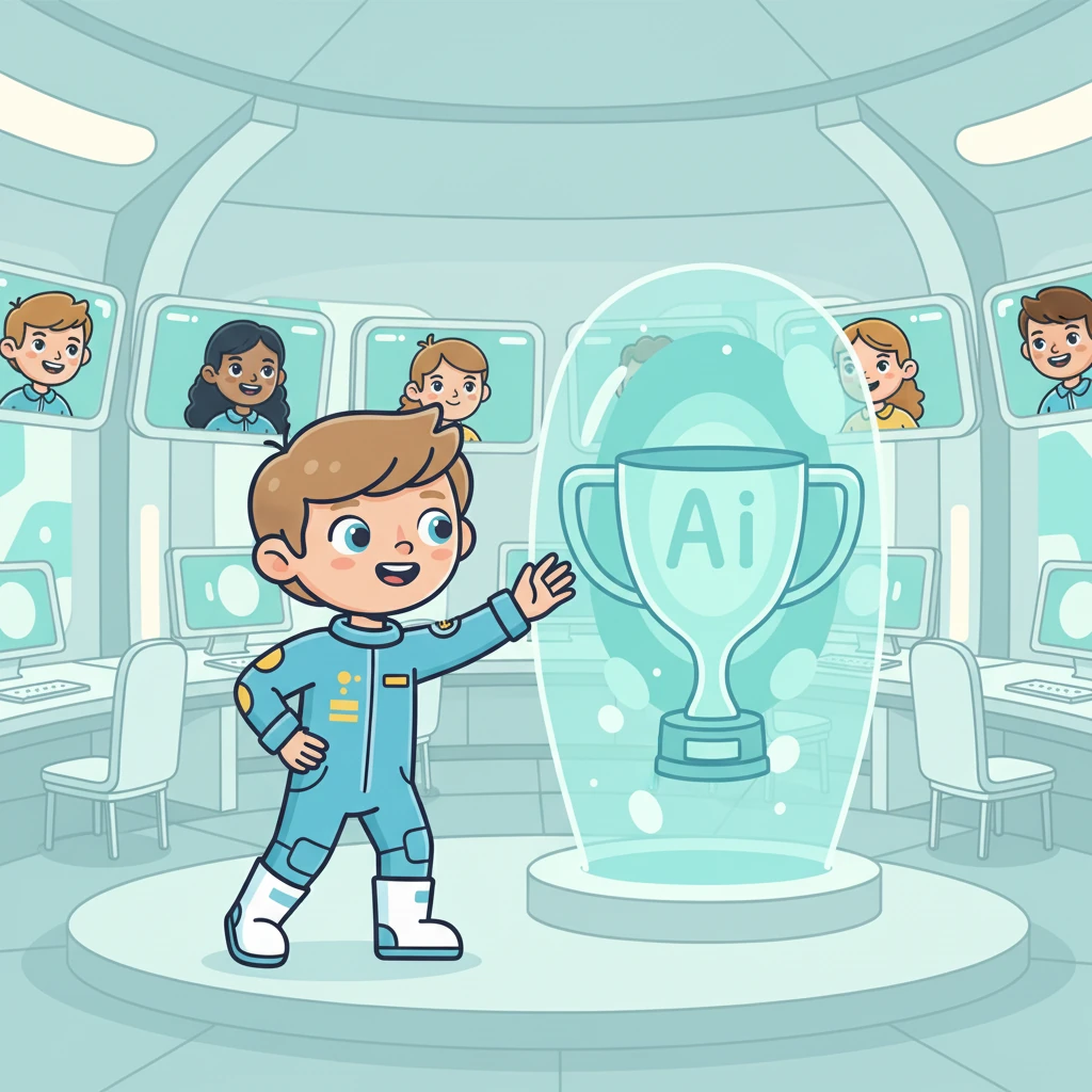 Le grand jour est arrivé ! Eliot présente fièrement son projet abouti devant une assemblée virtuelle, ses amis à ses côtés. Un grand hologramme lumineux de récompense flotte au-dessus de lui, symbolisant son succès. Son t-shirt bleu est éclatant, son sourire radieux.