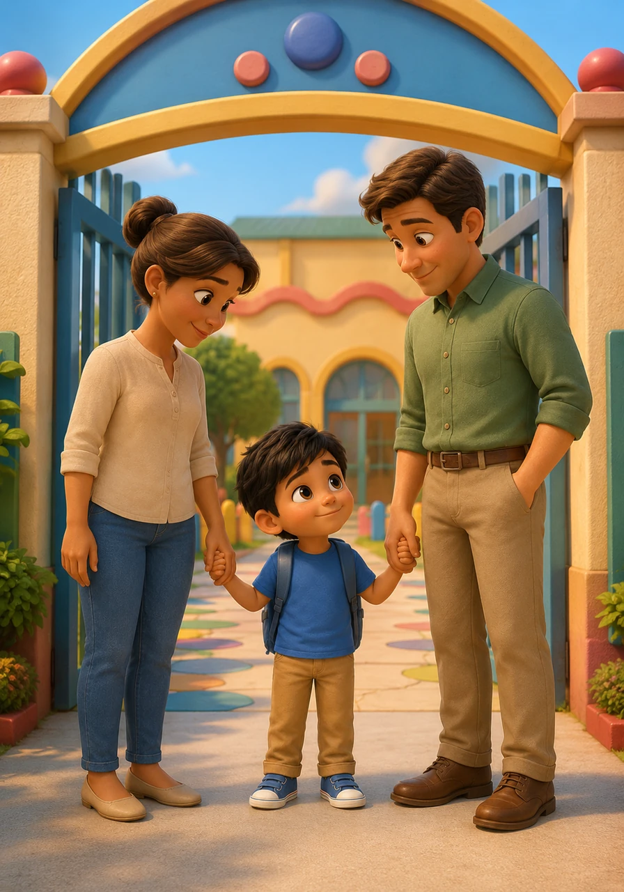 Diego llega al jardín de niños tomado de la mano de Doña María Luisa y Don Jorge. Aunque se siente un poco pequeño frente al gran portón, sus padres le regalan una sonrisa llena de aliento para comenzar el día con esperanza.