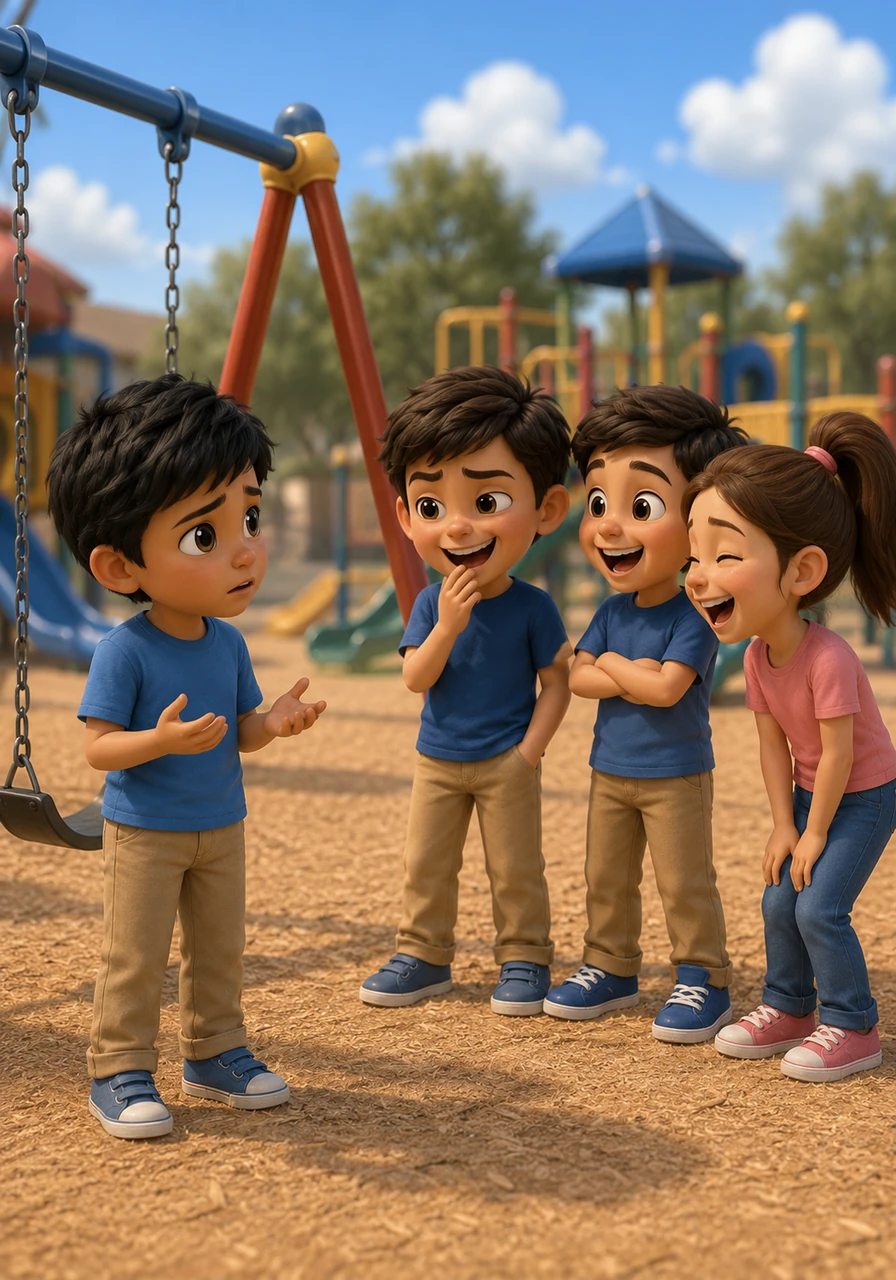 En el patio de juegos, Sebastián, Fernando y Valeria se ríen cuando Diego intenta pedir un turno para el columpio. Sus palabras suenan diferentes y lentas, y los demás niños no comprenden la riqueza de su acento extranjero.