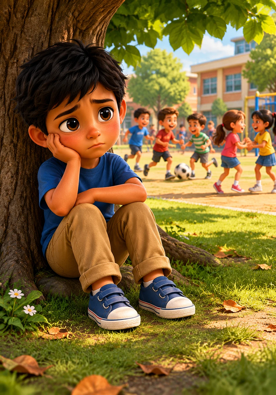 Diego se sienta solo bajo un árbol frondoso durante el recreo, observando con tristeza cómo los demás juegan en grupo. En su mente, recuerda los colores de su tierra lejana y se pregunta por qué hablar parece una montaña tan difícil de escalar.