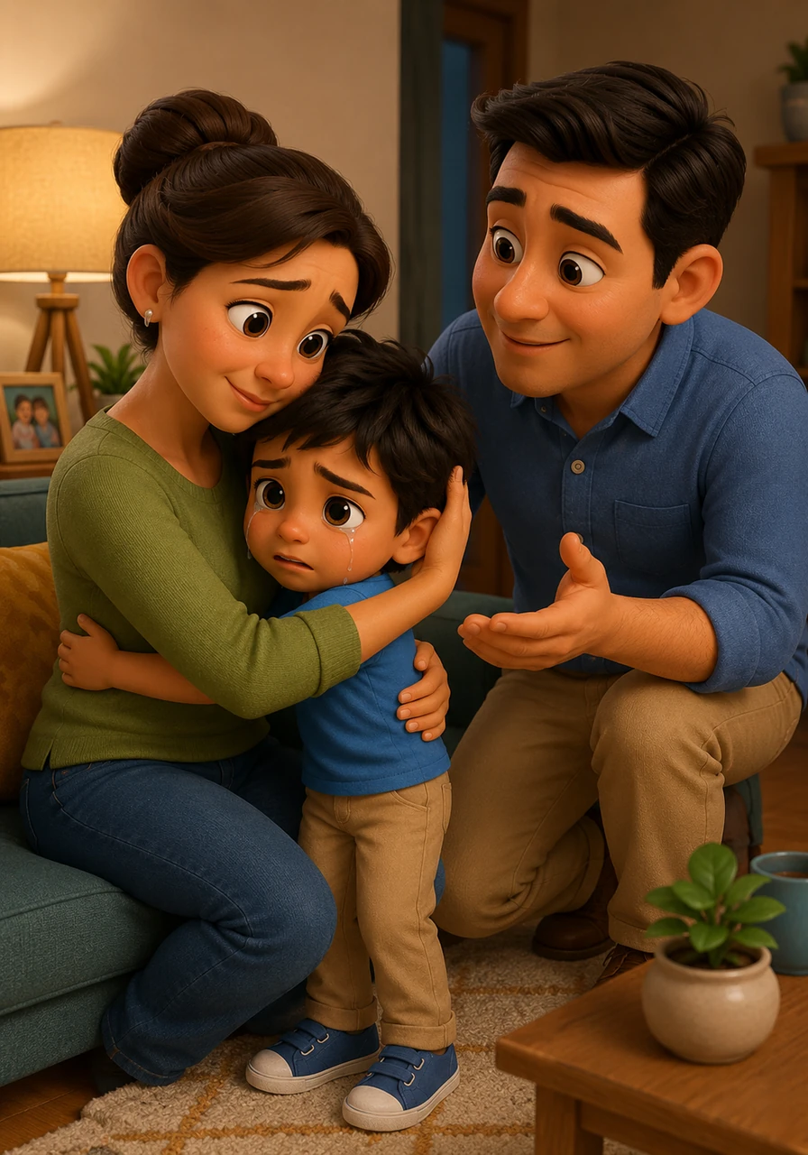 Al llegar a casa, Diego abraza a sus padres con lágrimas en los ojos y les cuenta lo sucedido en el kinder. Doña María Luisa lo envuelve en sus brazos mientras Don Jorge le explica que su voz es un puente entre dos mundos y que ser diferente es una forma de valentía.