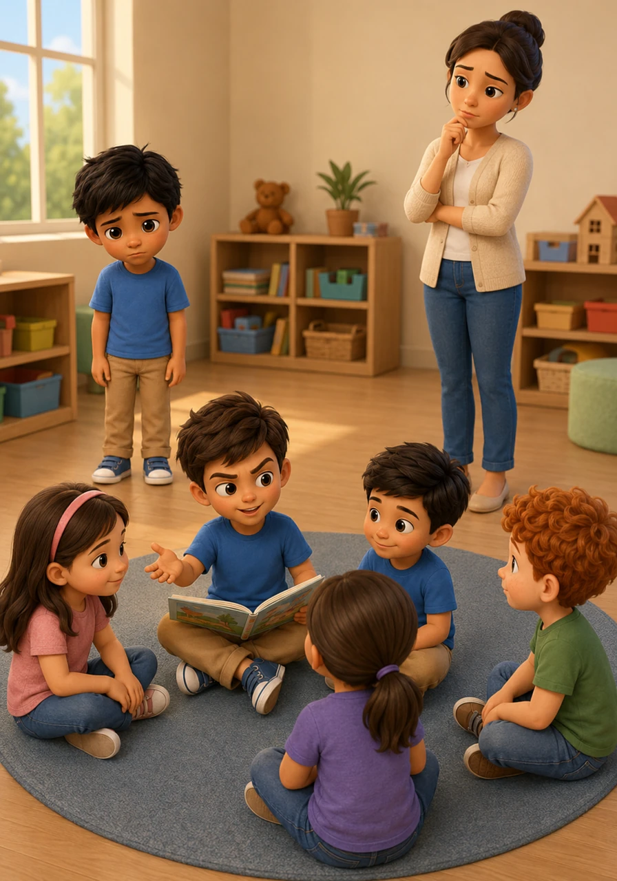 Al día siguiente, la maestra Fernanda observa desde lejos cómo Sebastián y sus amigos excluyen a Diego del círculo de lectura. Ella decide que es el momento perfecto para realizar una actividad especial sobre el valor del corazón y las palabras que sanan.