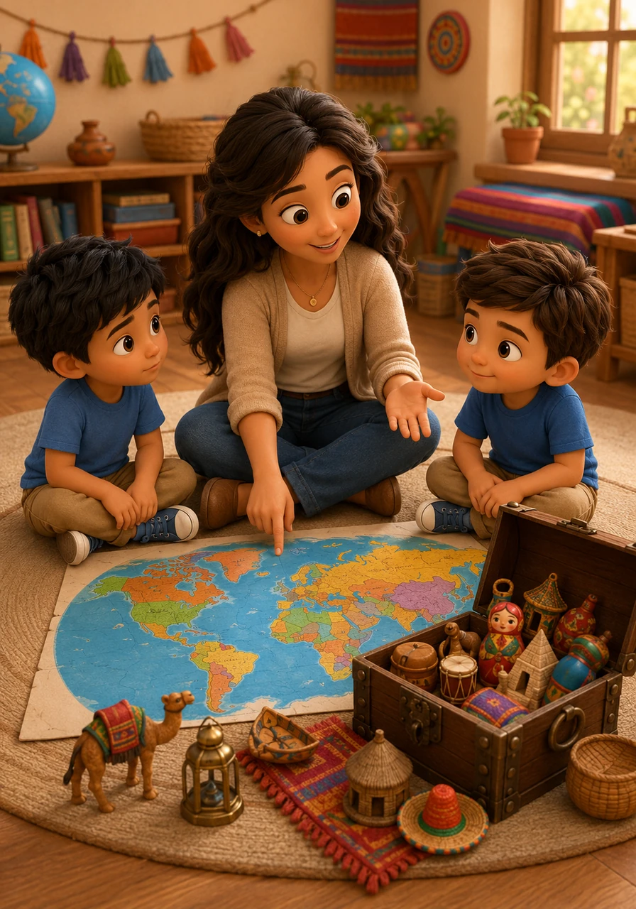 La maestra Fernanda reúne a todos en un círculo y saca un mapa colorido junto a una caja llena de objetos de distintos países. Les explica con ternura que cada persona tiene una melodía única en su forma de hablar y que todas las voces son hermosas.