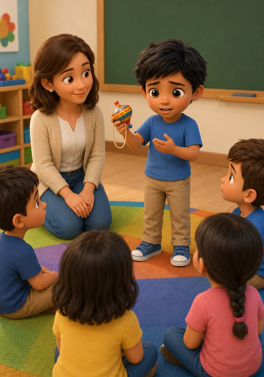 Con mucha paciencia, la maestra invita a Diego al frente para mostrar un juguete típico de su país y decir su nombre. Diego respira profundo y, aunque su voz tiembla un poco, comparte su cultura mientras la clase escucha en un silencio respetuoso y curioso.