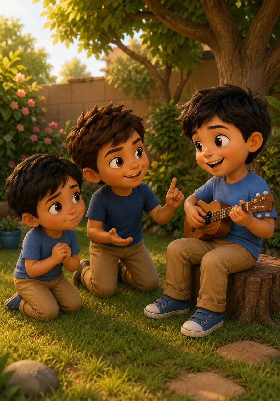 Durante la tarde, los tres niños se acercan a Diego con timidez para invitarlo a jugar a las escondidas en el jardín. Con paciencia y sonrisas, lo ayudan a pronunciar nuevas palabras mientras él les enseña canciones alegres de su hogar.