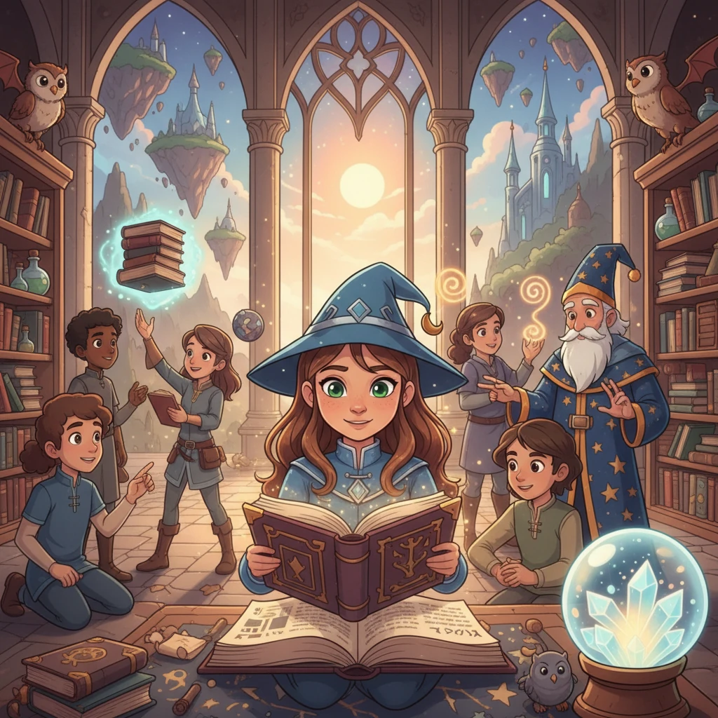 Elara, a promising young mage, studied diligently at the esteemed Academy of Arcana, surrounded by fellow students and wise mentors. The academy was a place of learning and wonder, where the secrets of magic were unlocked. She excelled in her studies, dreaming of a future filled with magical discoveries and protecting the innocent.
