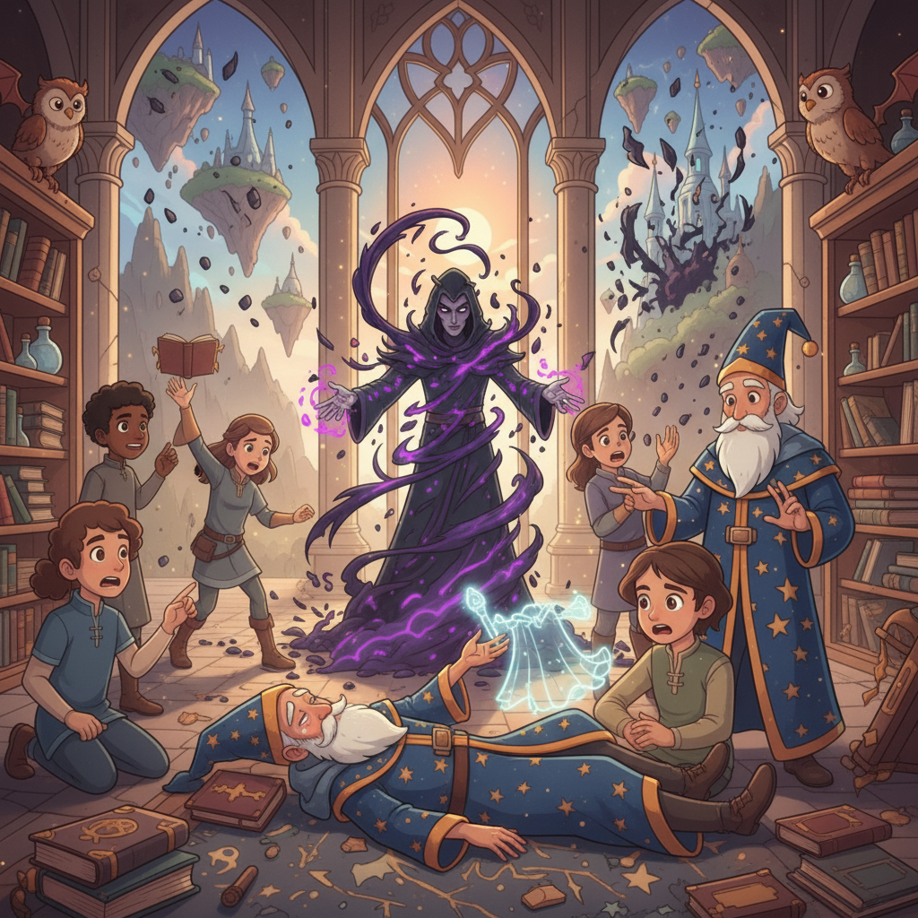 Suddenly, a dark figure, the villain known as Malakor, attacked the Academy, unleashing powerful spells and destroying everything in his path. The academy crumbled, and many were lost, including Elara's beloved master. With his dying breath, the master spoke of two lost relics: a staff and a cape, vital to defeating Malakor.
