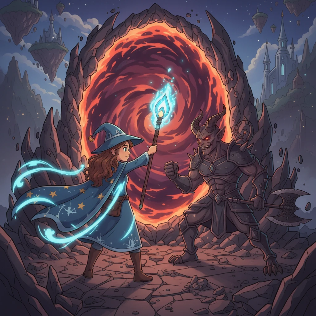 Elara stood before the demonic portal, ready for battle. She confronted Malakor in an intense duel, the staff and cape glowing with power. After a fierce struggle, Elara used the relics' combined power to defeat the villain, restoring peace and balance to the land.