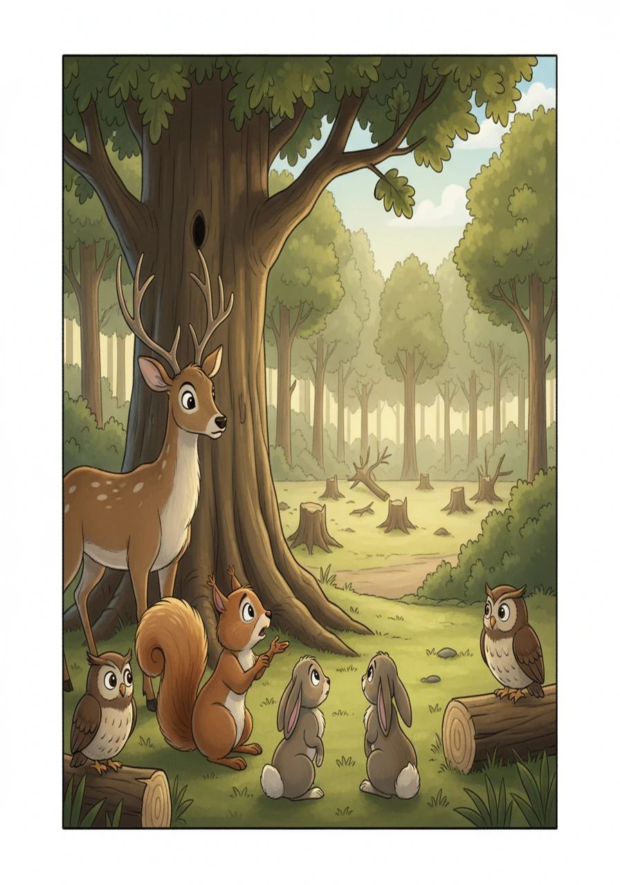 Hazel scurried to the tallest oak, her heart filled with worry as she saw a large empty space where a cluster of trees once stood. She chattered to her friends, the deer, the rabbits, and the owls, to share her concerns. The forest was their home, and they had to do something!