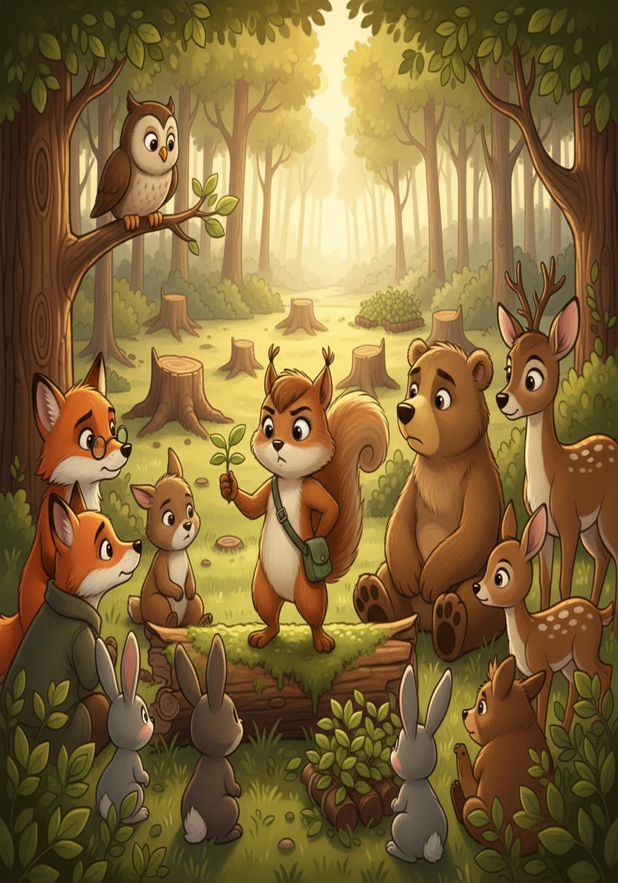 Gathering all the forest creatures, Hazel addressed them with a determined look in her eyes. She explained that they needed to plant new trees to replace the ones that were vanishing. Everyone listened intently, ready to help their brave friend.