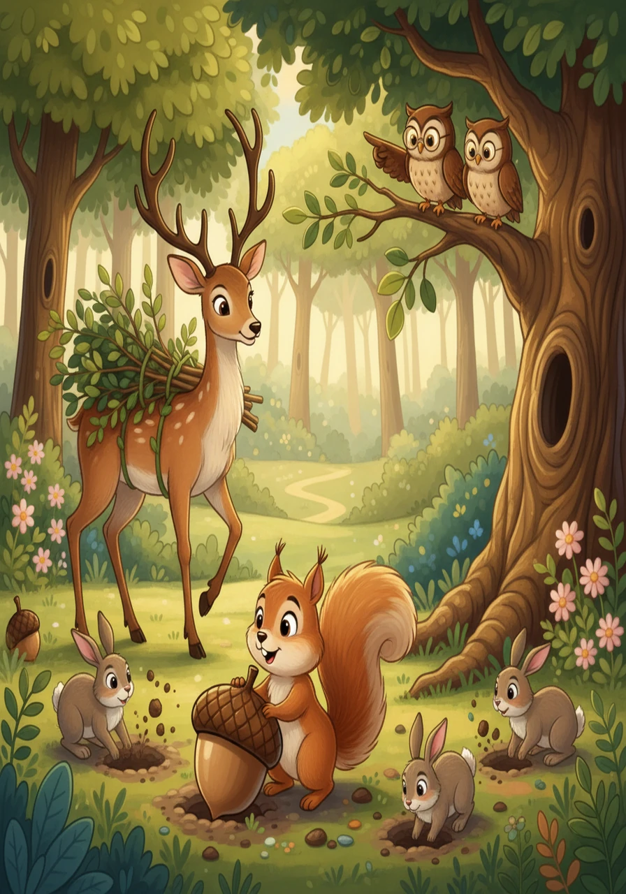 The animals decided to work together. The deer helped carry saplings, the rabbits dug holes, and the owls guided them with their wise knowledge. Hazel, with her tiny paws, carefully placed acorns in the ground, dreaming of future trees.