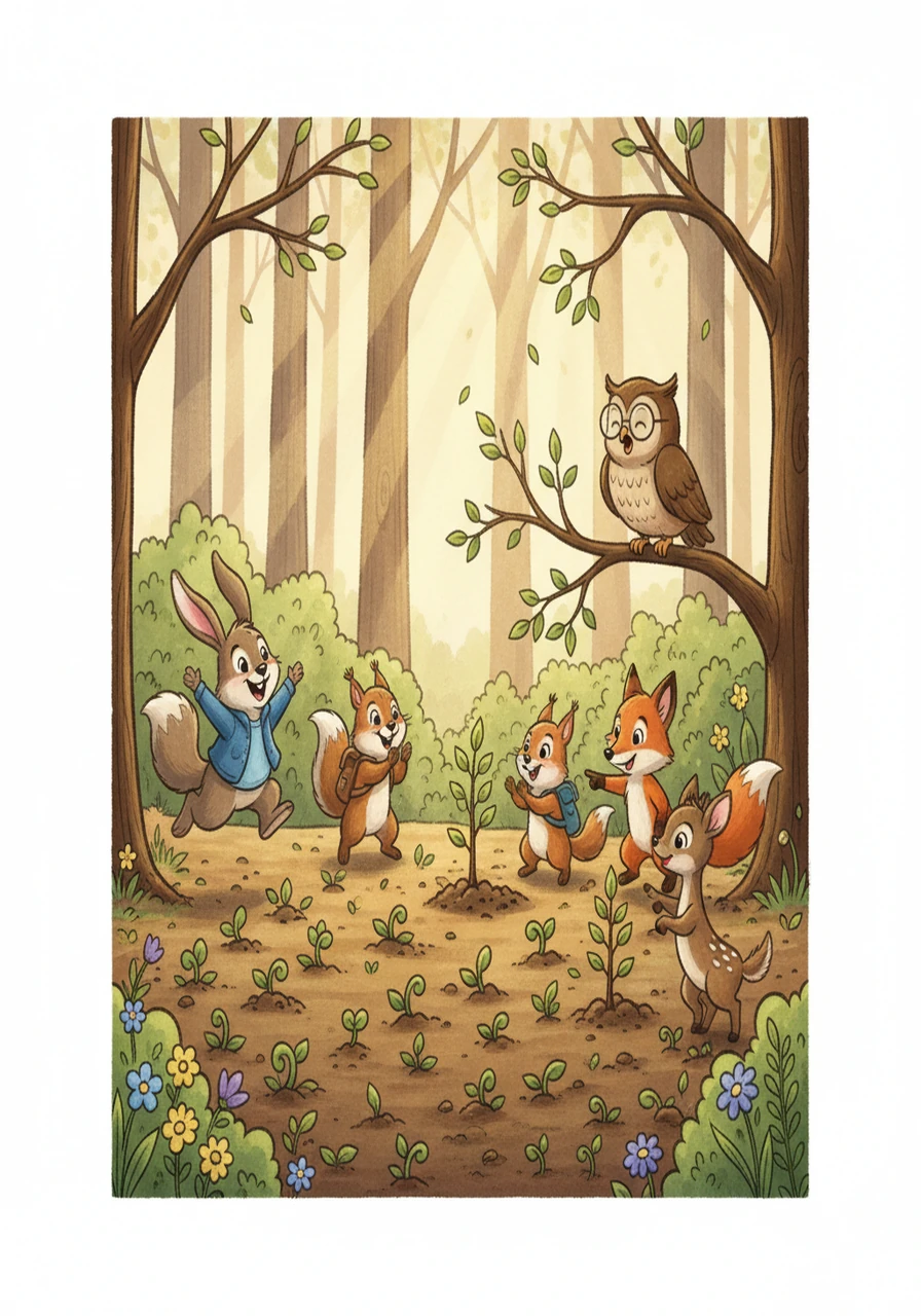 As spring arrived, tiny green shoots began to peek through the soil. The forest creatures cheered with joy, watching the first baby trees grow. The empty spaces were slowly being filled with life.