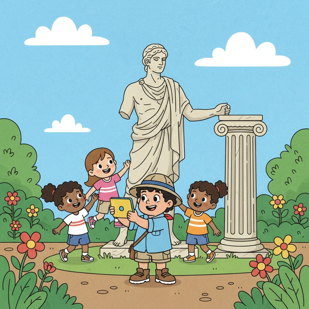 Öğrenciler, müzenin bahçesinde mola verdiler. Bahçede, antik heykeller ve sütunlar bulunuyordu. Efe, arkadaşlarının heykellerle fotoğraf çekmelerine yardım etti.