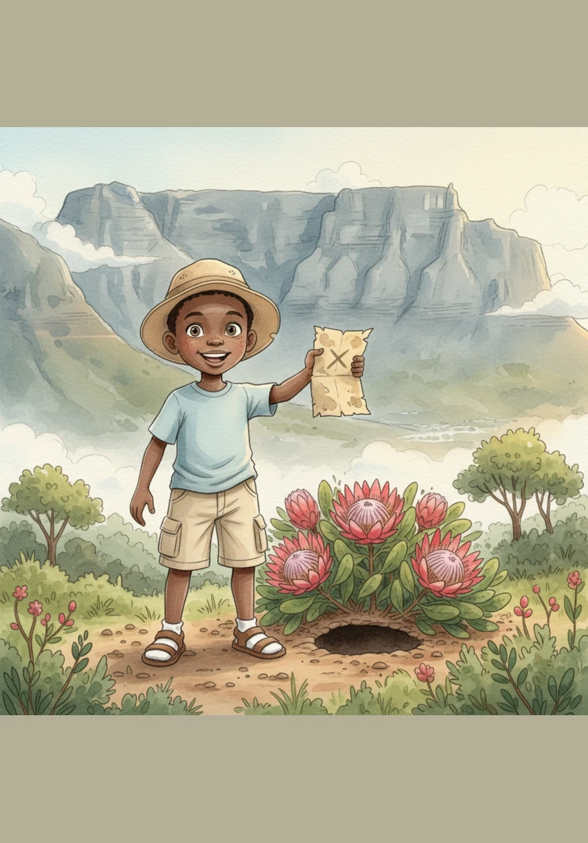 Thabo stands at the foot of Table Mountain, holding a tiny, tattered map he found under a bright protea bush. He feels very excited to start a big adventure to find a hidden treasure chest.