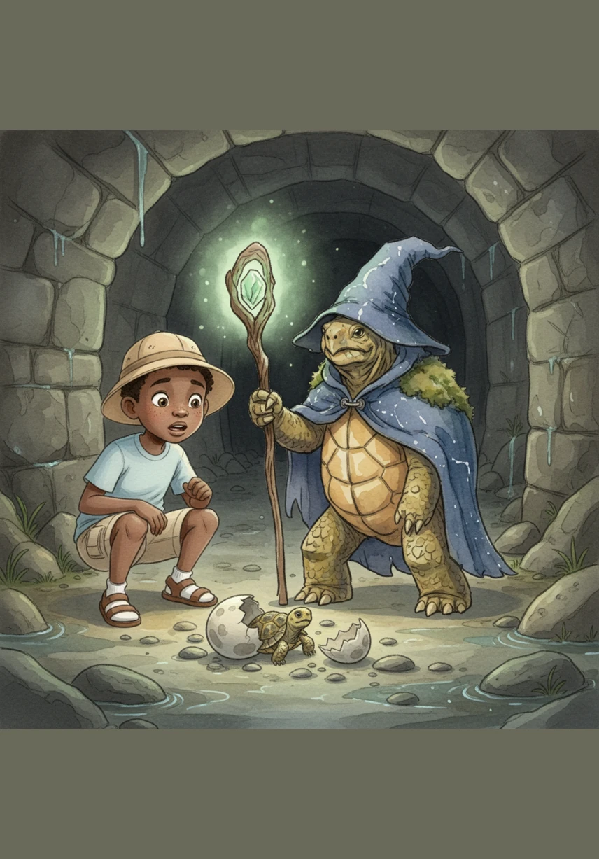 Deep inside the quiet tunnel, they discover a wooden chest filled with ten glittering trinkets and silver toys. The treasure sparkles beautifully in the light of Thabo’s torch.