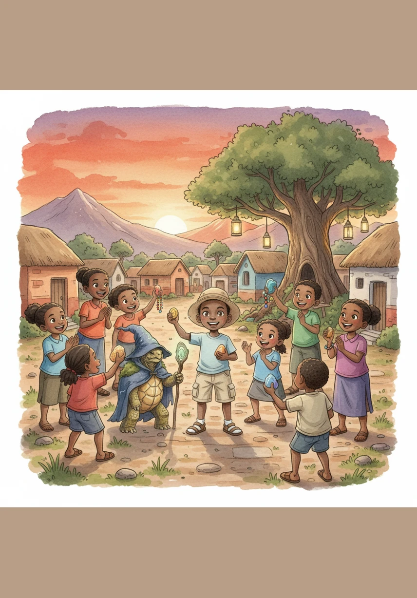 They head back to the town just as the sun sets, sharing their treasures with all their friends. Everyone agrees that Thabo and Titus are the best treasure hunters in South Africa.