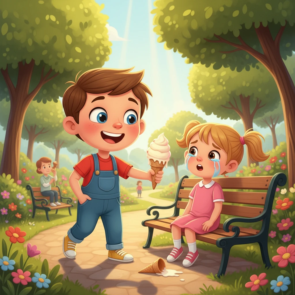 At the park, James noticed a little girl crying because she had dropped her ice cream. Without hesitation, he offered her his own, a wide grin on his face. The little girl's tears turned into a smile as she accepted his generous offer.