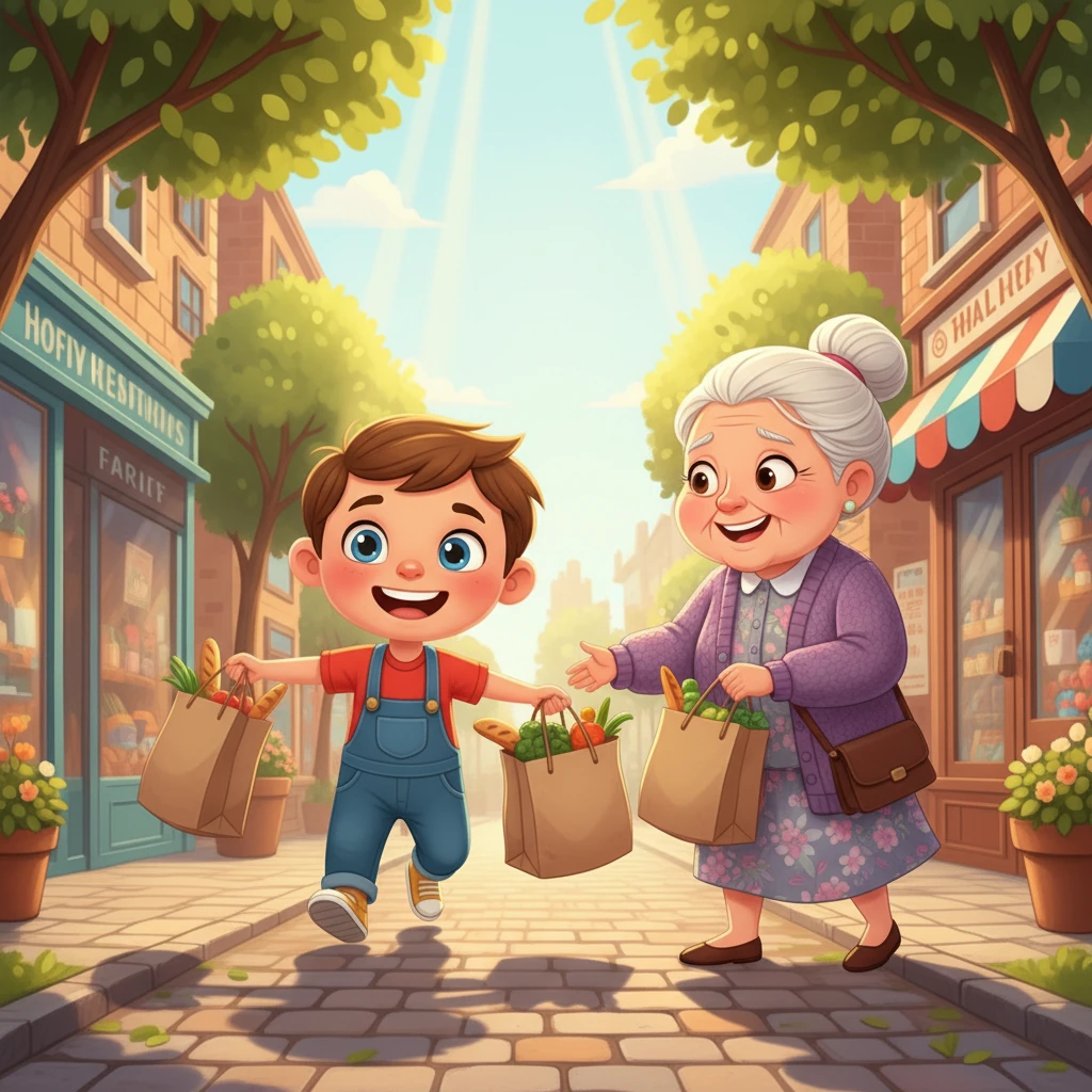 Later, James saw an old woman struggling with her groceries. He ran over and, with his small hands, helped her carry them. The woman thanked him with a warm hug, her eyes twinkling with gratitude, as they walked side by side.