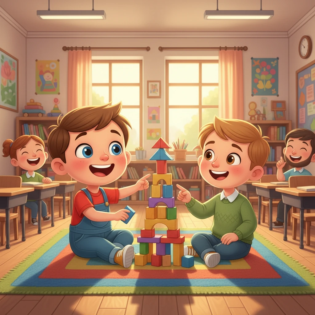 In the classroom, a new boy sat alone, looking shy and uncertain. James, without a second thought, went over and invited him to play. Soon, laughter filled the room as they built a magnificent block tower together.