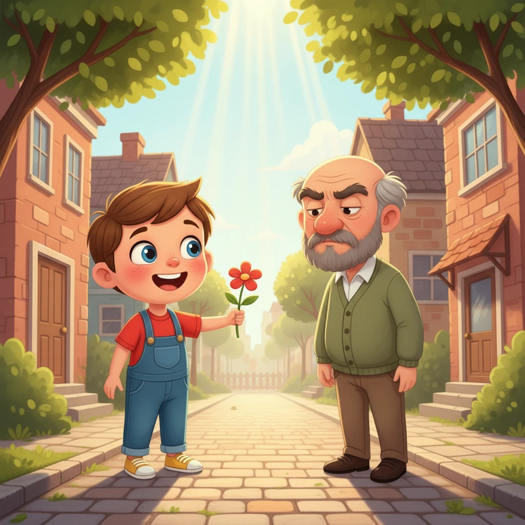 One day, James's kindness even touched a grumpy neighbor, who always frowned. James, with a cheerful 'Good morning!', offered him a flower he had picked from his garden. A small smile appeared on the neighbor's face.