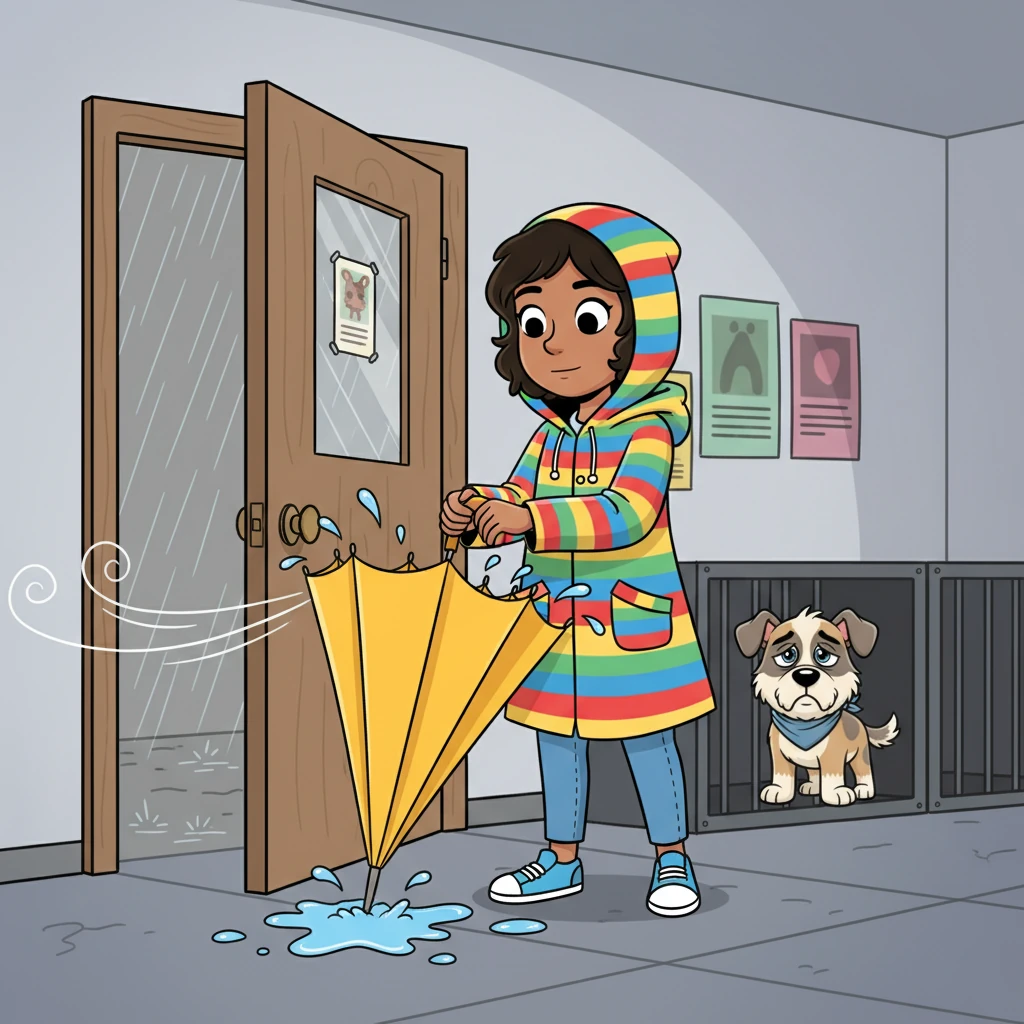 One dreary, rainy afternoon, the shelter door opened, letting in a gust of wind and a quiet woman wrapped in a colorful raincoat. She carried a large, bright umbrella, its droplets glistening as she folded it away. She looked around with a gentle, searching gaze.