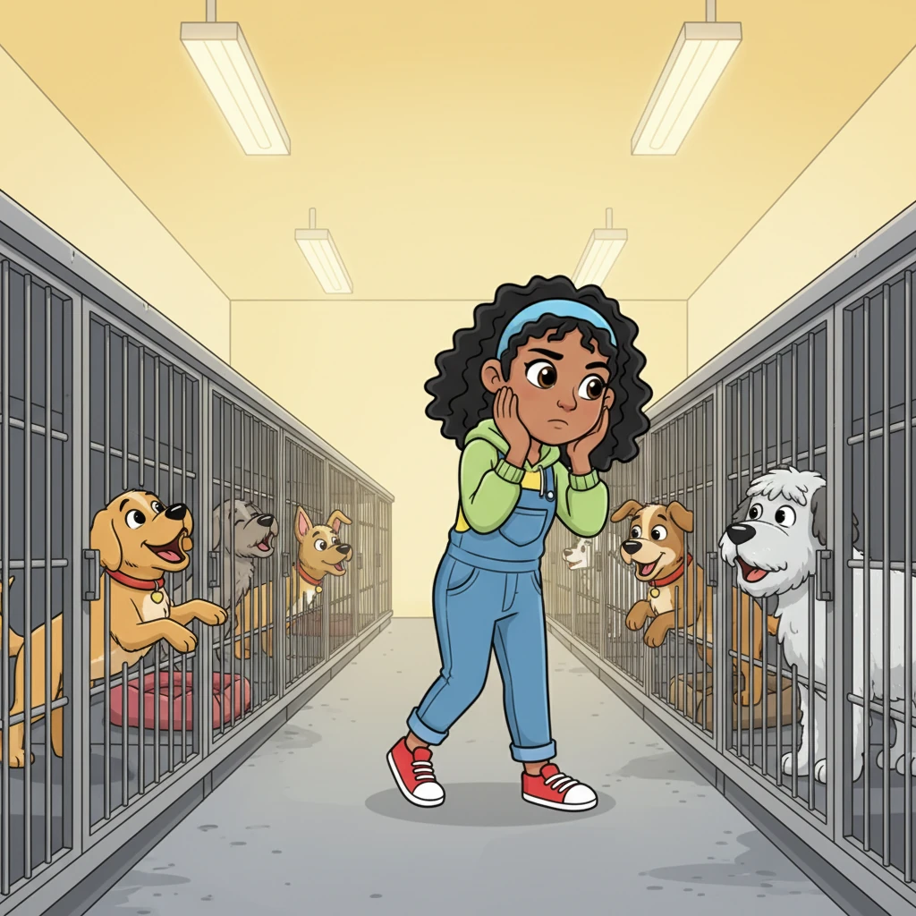 The woman walked slowly down the long aisle of kennels, her footsteps soft and deliberate. She peered into each one, her expression thoughtful, a slight frown of concentration on her face. Many dogs barked excitedly, but she continued her quiet search.