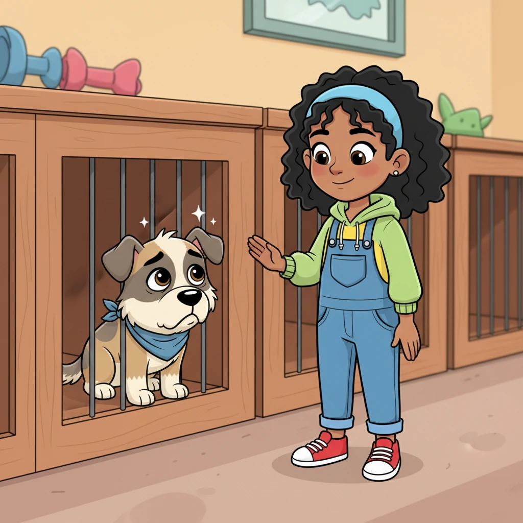 Then, she stopped. Right in front of Pip's kennel. Pip, who had almost given up hope for the day, lifted his head slowly, his big, brown eyes meeting hers. He blinked, surprised, then a tiny spark of possibility flickered within him.