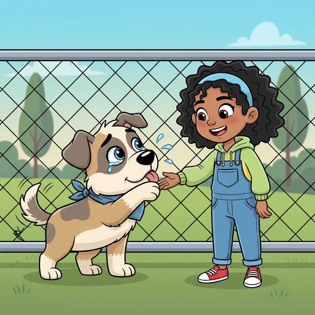 Pip couldn't contain his joy any longer. His tail began to wag with such force that his whole body wiggled. He pressed his wet nose against the wire, gently nudging her outstretched hand, giving it a soft, happy lick. A single, sparkly tear of pure happiness welled in his eye.