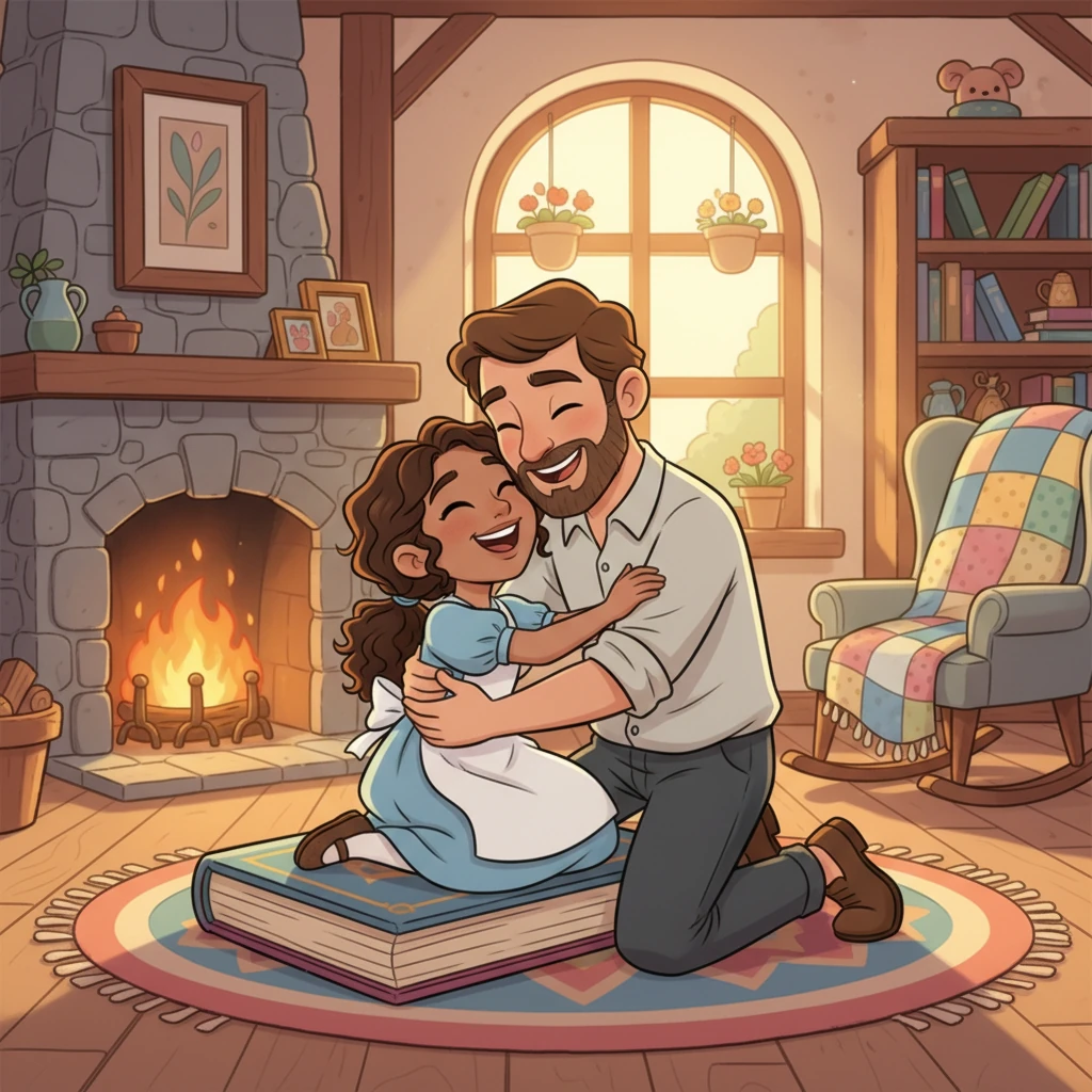 Young Ella lived in a cozy cottage, filled with sunshine and laughter. Her kind father, a gentle widower, adored her more than anything in the world. They spent their days telling stories and sharing warm hugs, making every moment precious.