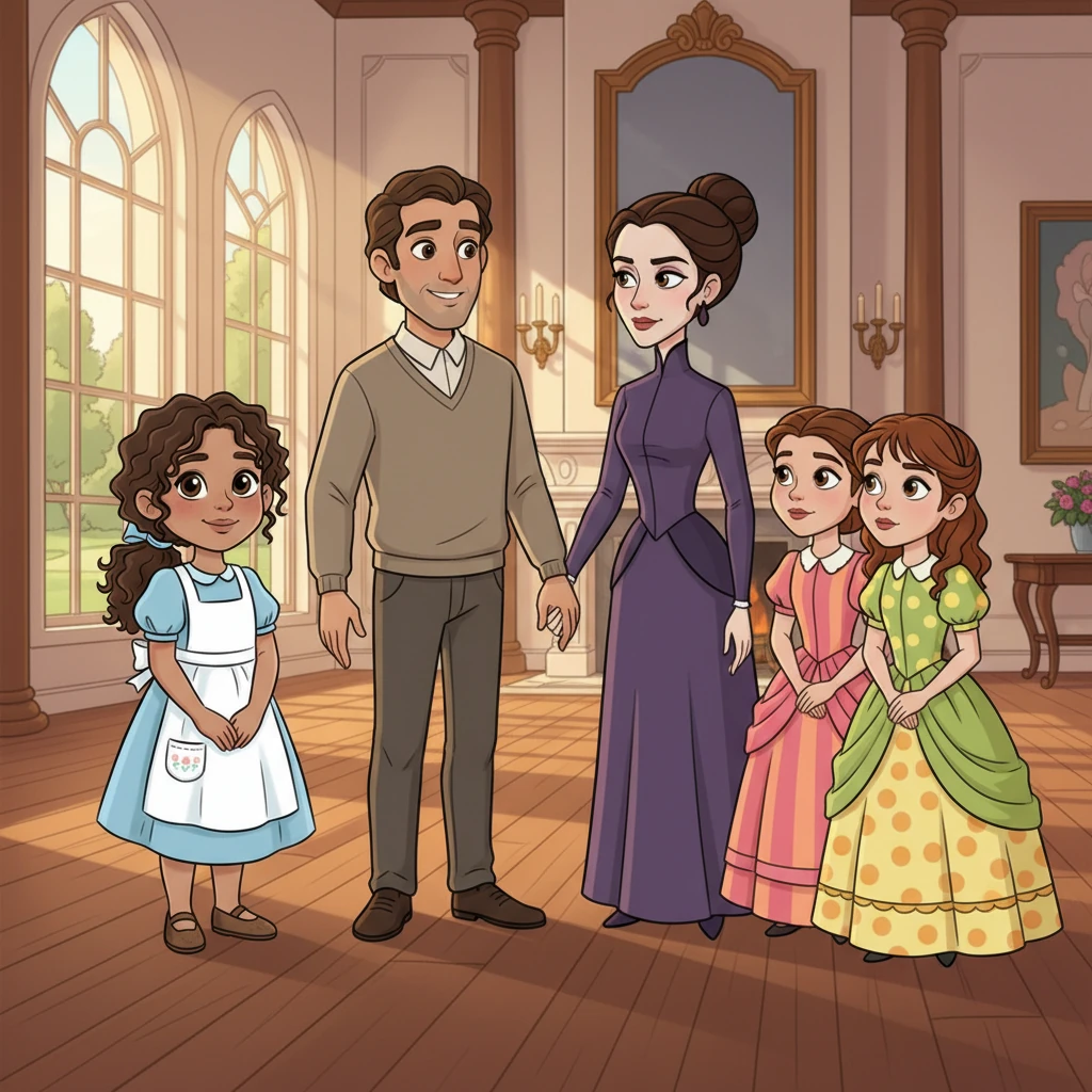 One day, her father announced he was to marry again, bringing a new family into their home. He introduced Ella to his new wife, a stern-faced widow, and her two daughters, Drizella and Anastasia, who peered at Ella with curious, yet unfriendly eyes.