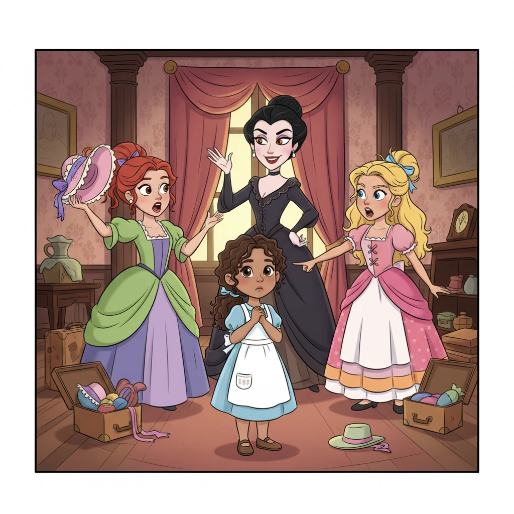 The stepmother, with a sharp smile, quickly made it clear that things would be different. Drizella and Anastasia, with their loud voices and demanding ways, immediately began to assert their dominance. Ella felt a shiver of unease, sensing a change in the air.