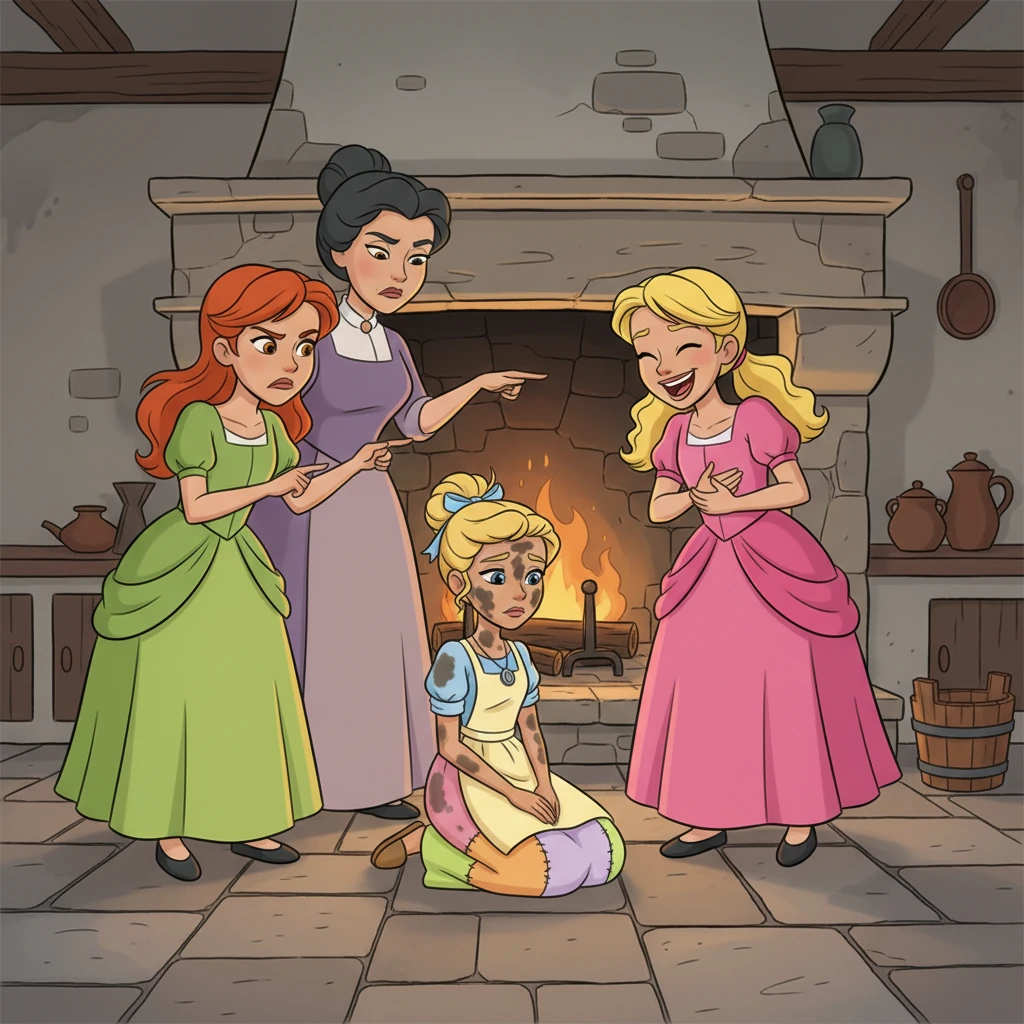 Observing her ash-covered appearance, the stepmother and stepsisters began to mock her. "Look at her, all covered in cinders!" Drizella would sneer, while Anastasia giggled. "We should call her Cinderella!" And so, the cruel nickname stuck.