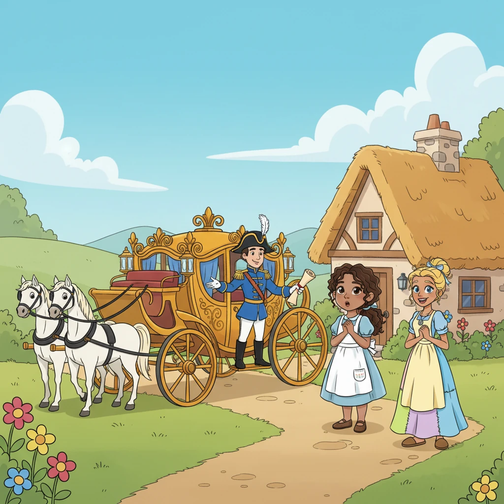 One bright morning, a grand coach pulled up to their humble home, causing a stir. A dignified messenger, dressed in royal livery, stepped out. He carried an important-looking scroll, his presence radiating an air of excitement.