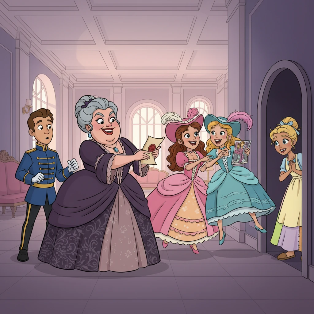 The messenger presented a beautifully sealed invitation to the stepmother, who snatched it with glee. It was an announcement for a magnificent Royal Ball at the palace! The stepsisters shrieked with delight, already dreaming of gowns and dancing. Ella watched from the shadows, a tiny spark of wonder in her eyes.