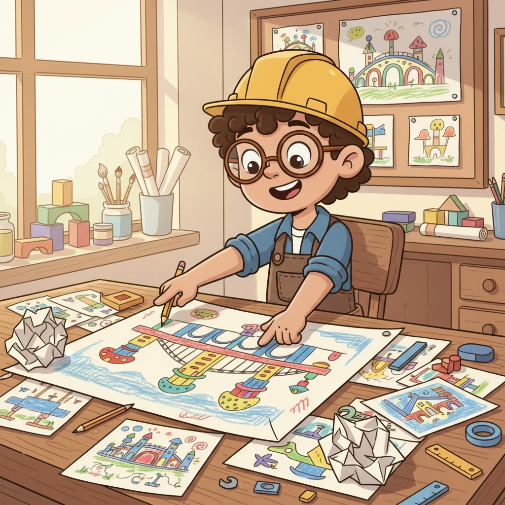 Drike sits happily at his desk, surrounded by colorful drawings and blueprints. He is a special artist who designs plans for big buildings and long bridges, making sure everything is just right before construction begins.