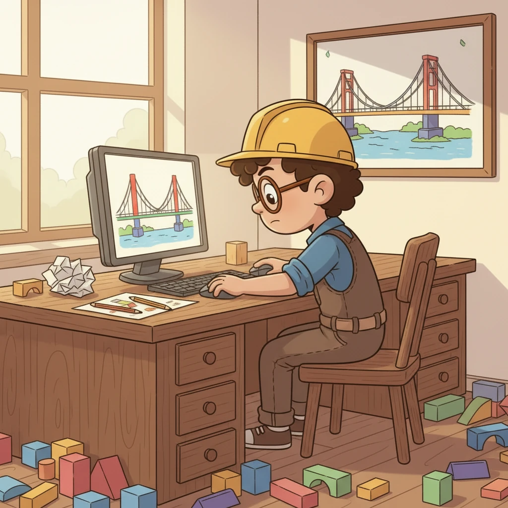 Back in his office, Drike worked tirelessly on his computer, sketching and refining the new bridge's design. He chose strong materials and made sure it would be safe and beautiful for everyone to use.