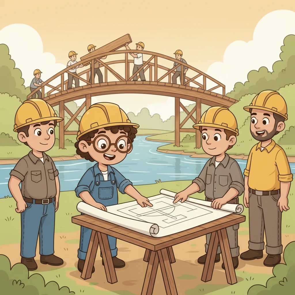 Soon, construction workers received Drike's detailed plans. They looked at the blueprints, pointing and discussing, then started building the new bridge, piece by careful piece.